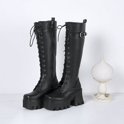 British-Style High PU Leather Knight Boots for Women | Square Toe High Heel Winter Boots