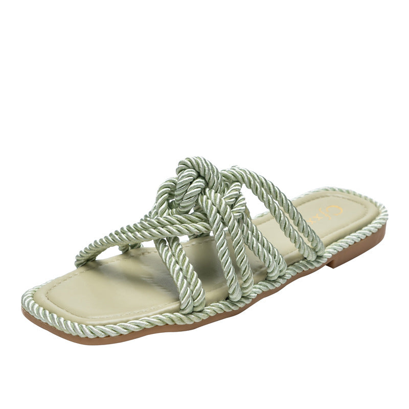 Straw Style Flat Heel Open Toe Square Braided Women Slipper