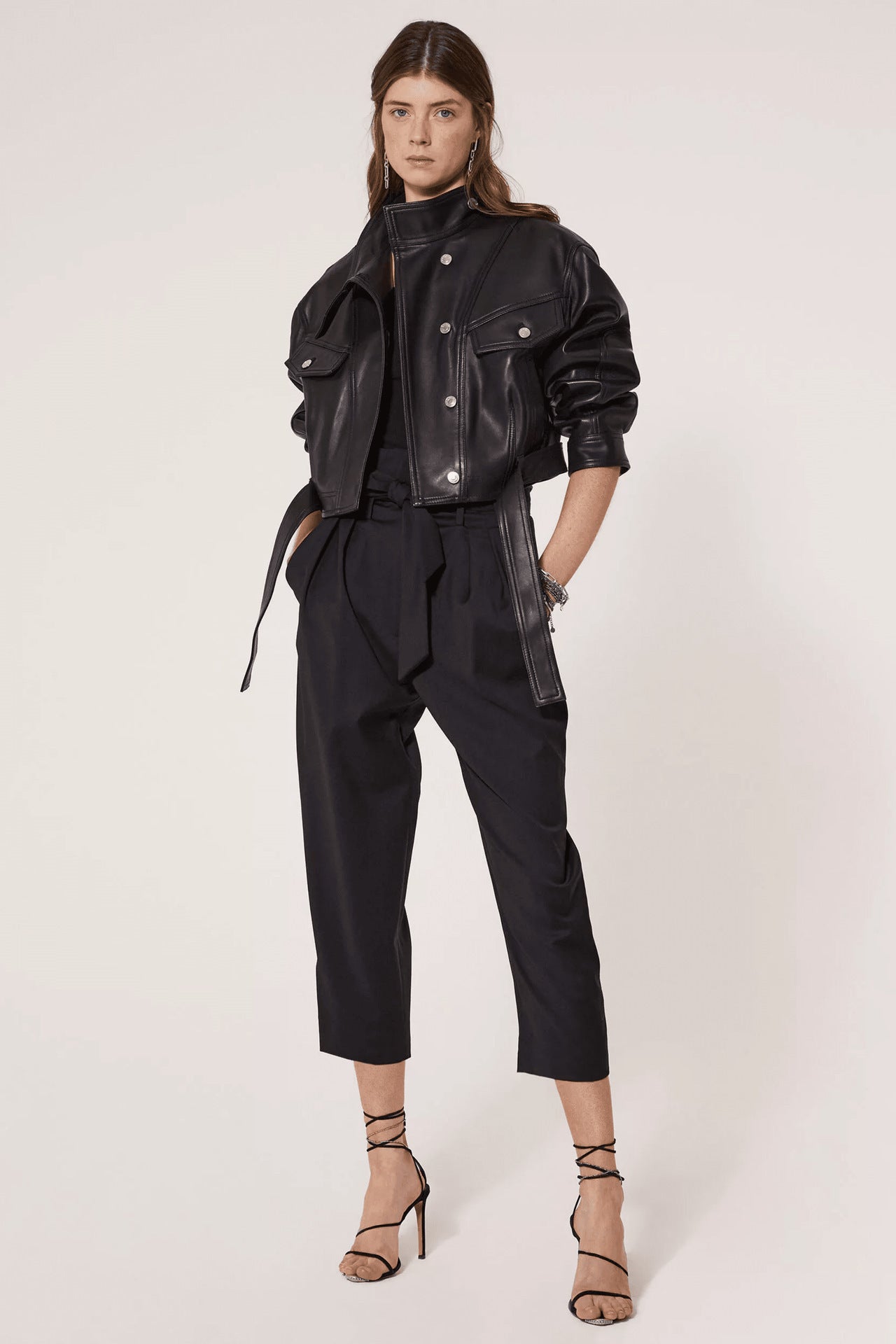 Luxury Black Style Belted Women Leather Jackets