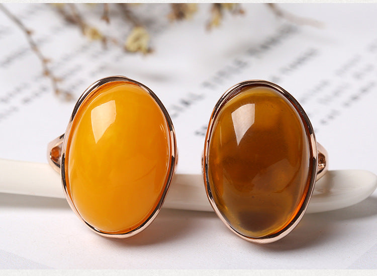 Fashion Beeswax Amber Ring – Unisex Natural Jewelry, Vintage Amber Statement Ring