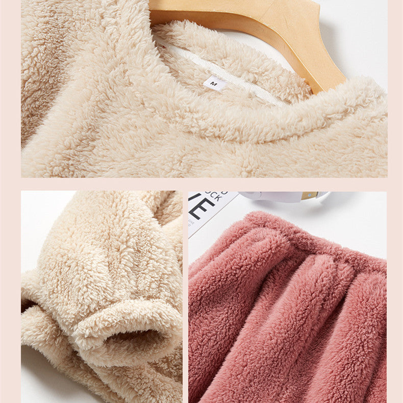 Winter Coral Fleece Pajama Set Thick Long Sleeve Top Elastic Waist Trousers Warm Large Size Sleepwear