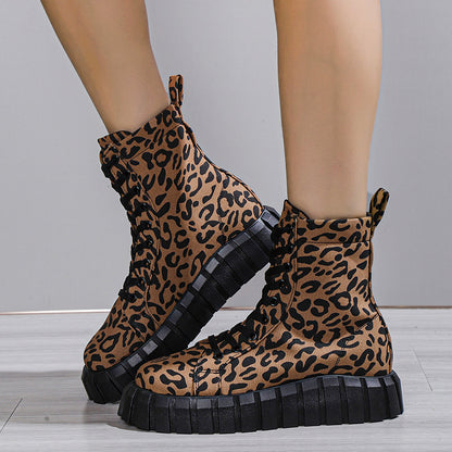 Leopard Print Platform Martin Boots for Women | Suede Mid-Heel Street Style Boots