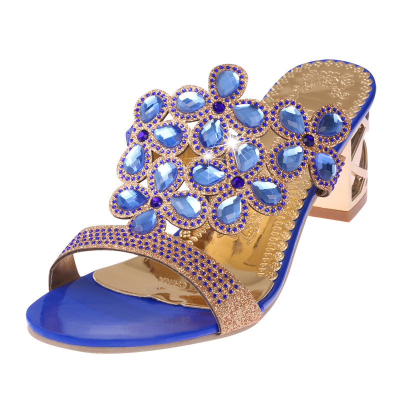 Elegant Rhinestones Leaf Design High Heel Buckle Strap Slippers