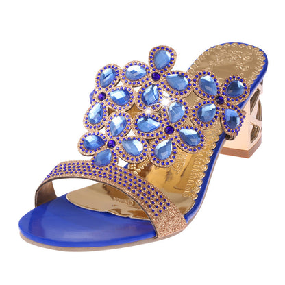 Elegant Rhinestones Leaf Design High Heel Buckle Strap Slippers