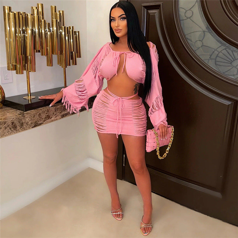 High Waist Short Skirt & Long Sleeve Top Two-Piece Outfit Set | Versatile Style 2025 Aesthetic