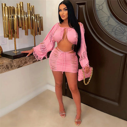 High Waist Short Skirt & Long Sleeve Top Two-Piece Outfit Set | Versatile Style 2025 Aesthetic