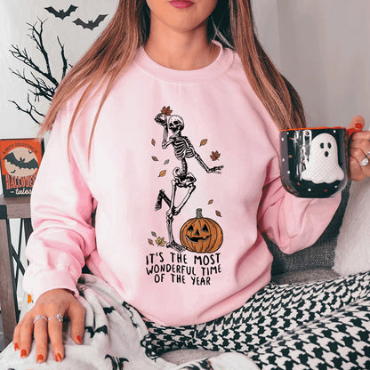 Halloween Skeleton Pumpkin Sweatshirt – Casual Loose Printed Pullover for Women