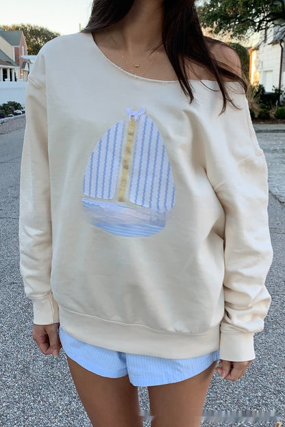 Off-Shoulder Sailboat Pullover – Two-Way Casual Sweater for Women