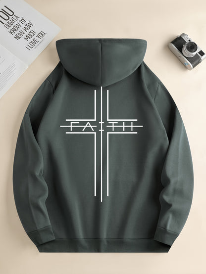 Dark gray hoodie with a white cross and 'FAITH' text on a beige background
