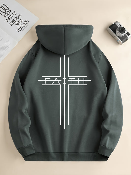 Dark gray hoodie with a white cross and 'FAITH' text on a beige background