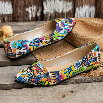 Large Size Flat Bottom Pumps | Floral PU Slip-On Shoes for Women