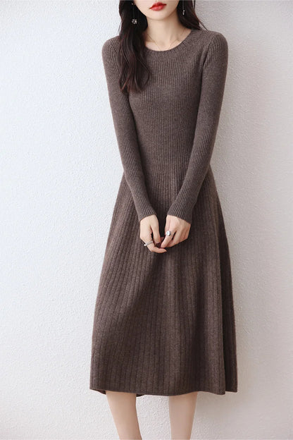 Monochromatic Round Neck Merino Wool Women Long Sweater Dress