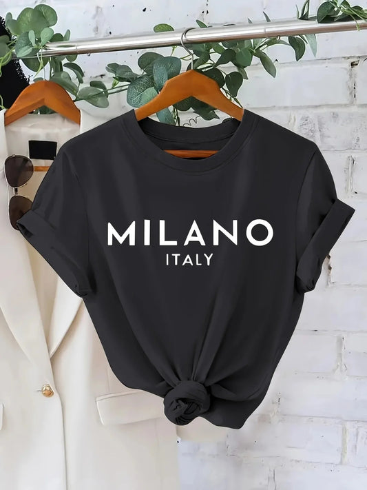 Spring 2025 Milano Italy Print Tee – Women’s Casual Animal Print Long Sleeve T-Shirt, Street Style Outfit