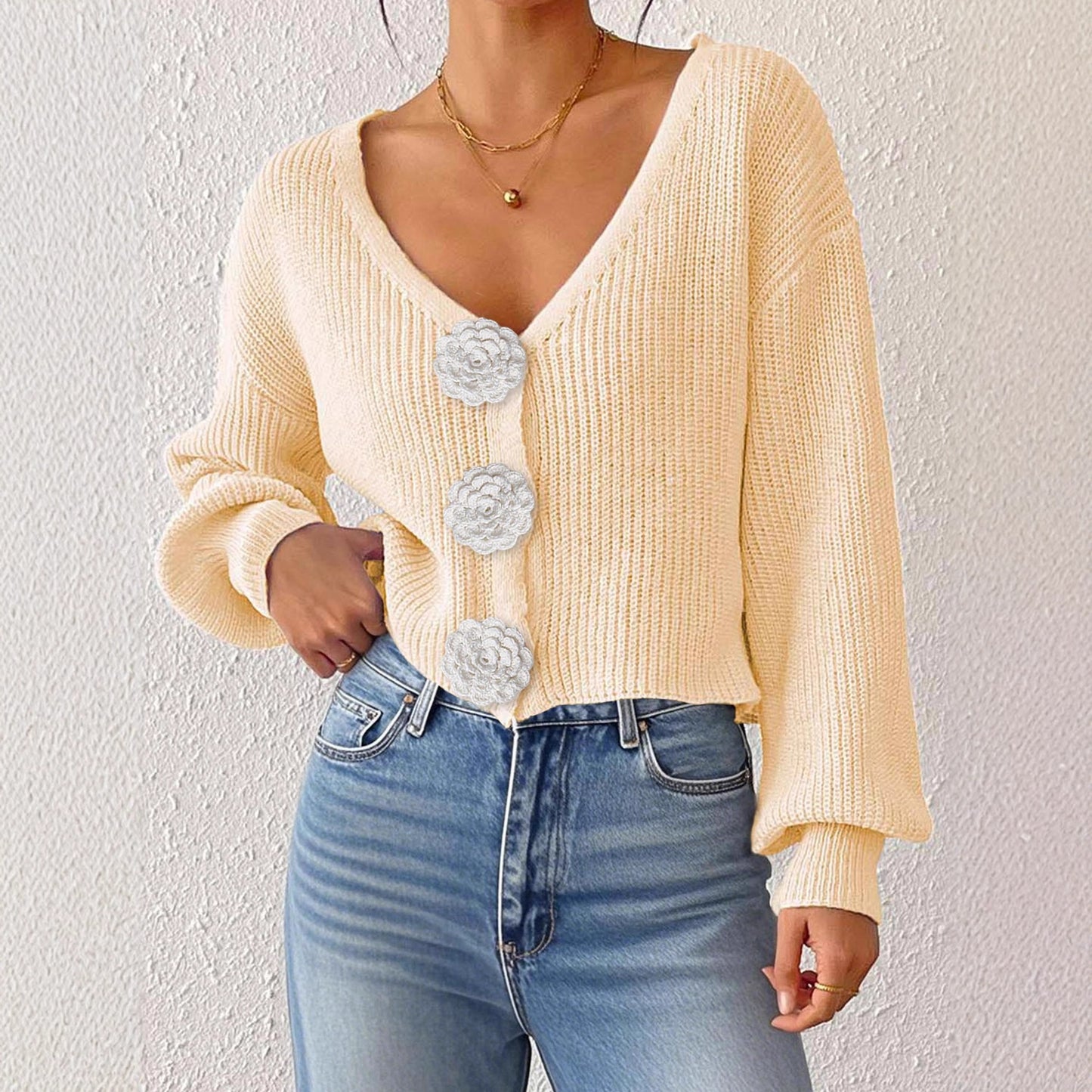 Women’s Knitted Crochet Cardigan – Decorative Button Short Coat with 3D Flower Stitching