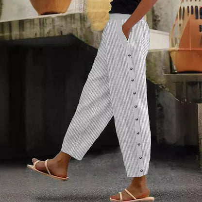 Button Fly Elastic Waist Cool Women Capri Pants