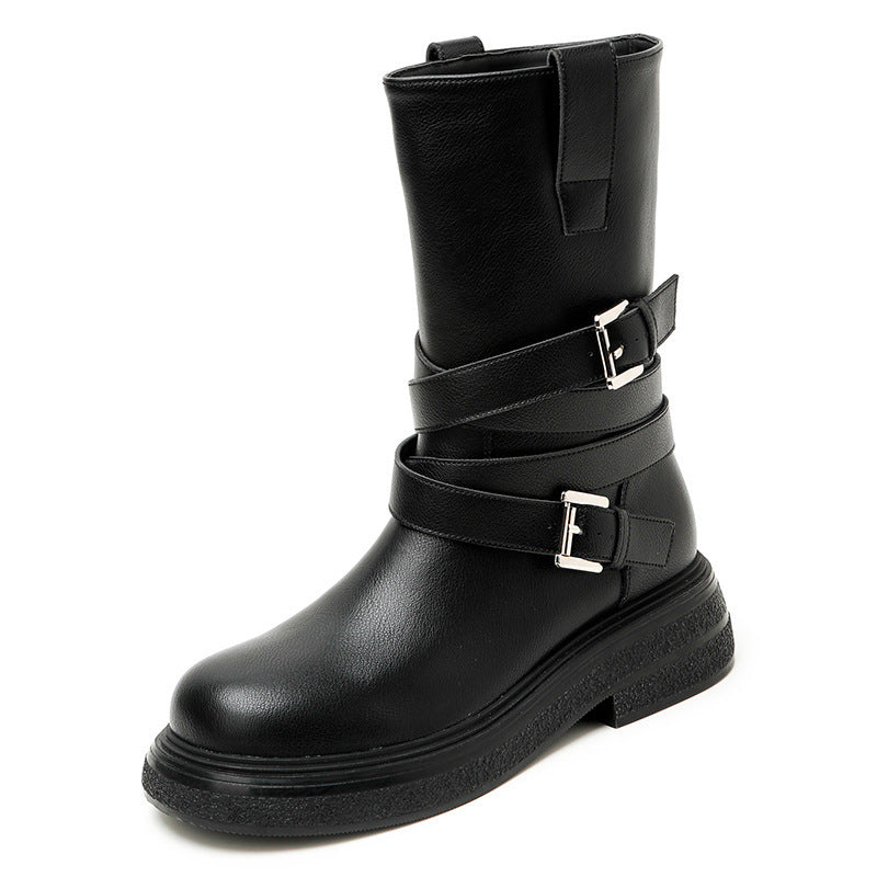 Womens Upper Belted Closure Leather Mid Calf Boots