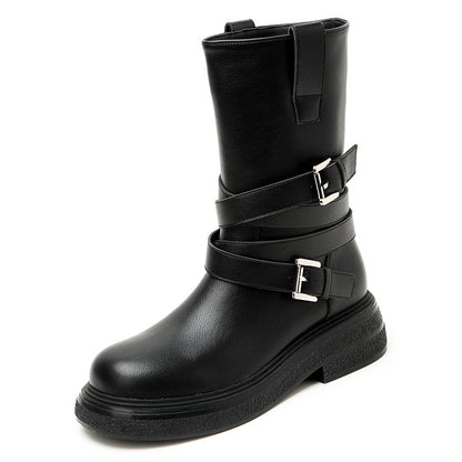 Womens Upper Belted Closure Leather Mid Calf Boots
