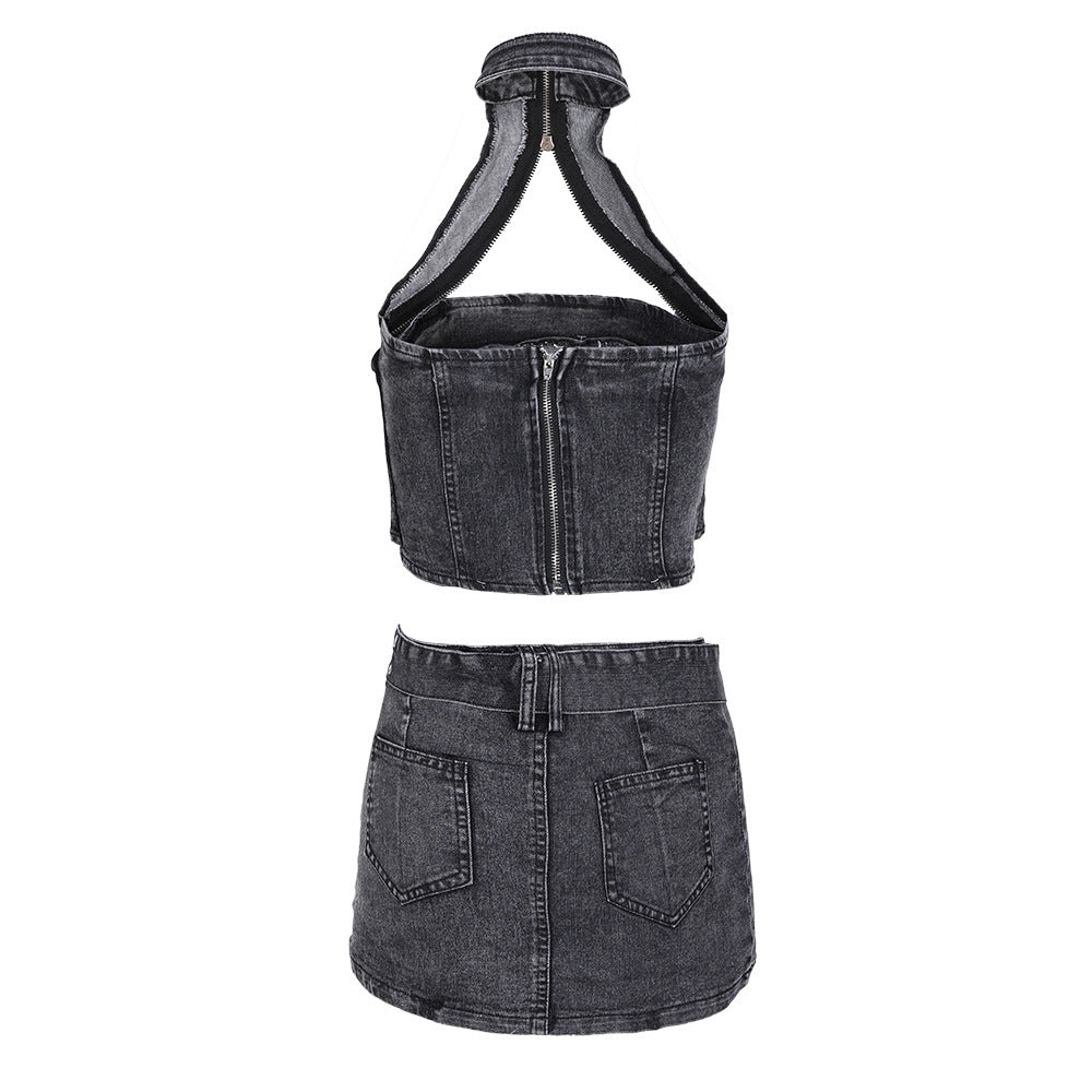 Backless Denim Two-Piece Outfit Set | Edgy Style 2025 Aesthetic