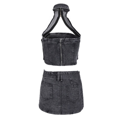 Backless Denim Two-Piece Outfit Set | Edgy Style 2025 Aesthetic