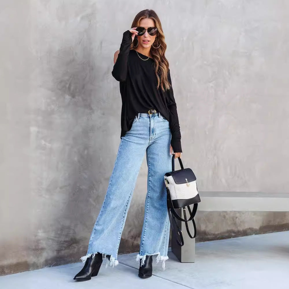 Women’s Fashion Casual Tassel Denim Trousers – Street Style Loose Fit Pants