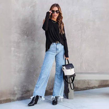 Women’s Fashion Casual Tassel Denim Trousers – Street Style Loose Fit Pants