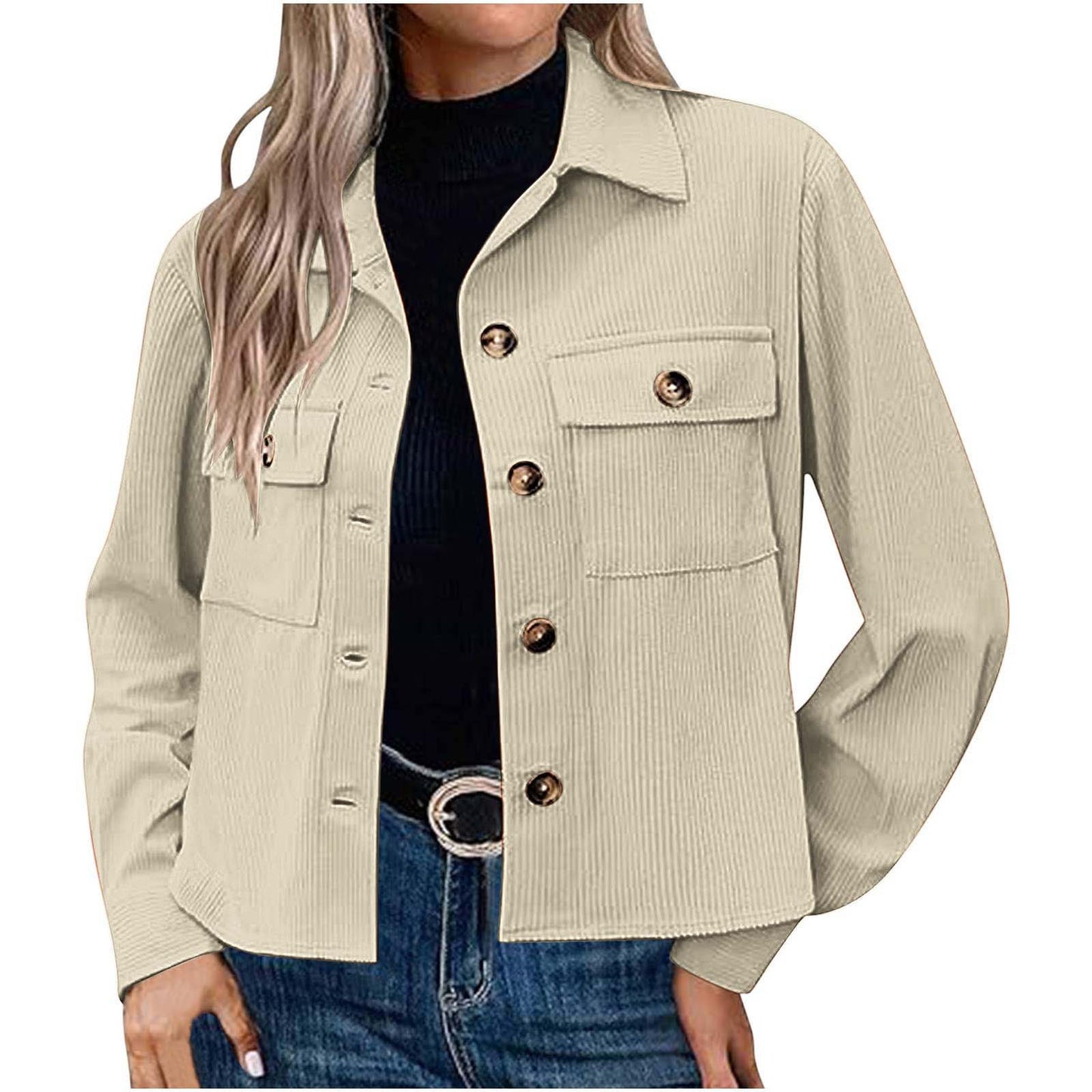 Women’s Corduroy Button Cropped Jacket – Long Sleeve Polyester Coats & Jackets 2025