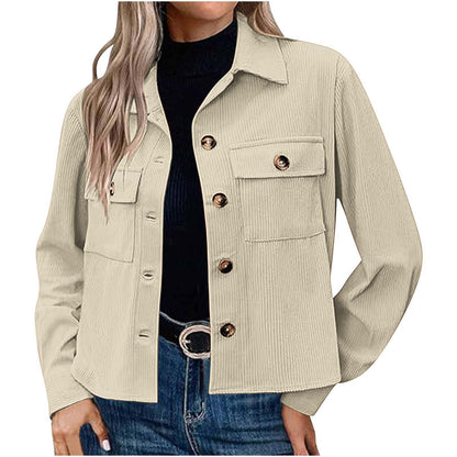 Women’s Corduroy Button Cropped Jacket – Long Sleeve Polyester Coats & Jackets 2025