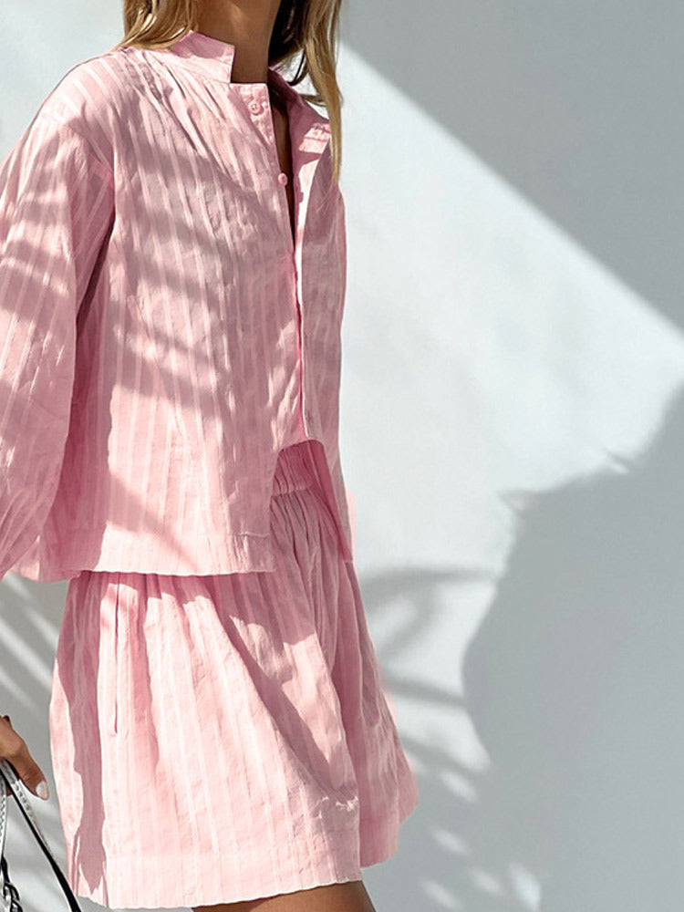 Spring Summer Plaid Lace Up Shirt Short Outfits Set