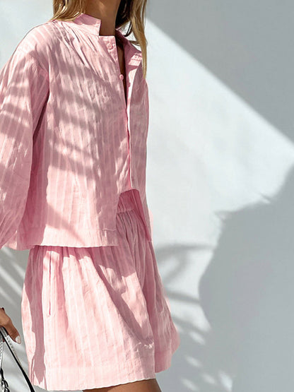 Spring Summer Plaid Lace Up Shirt Short Outfits Set