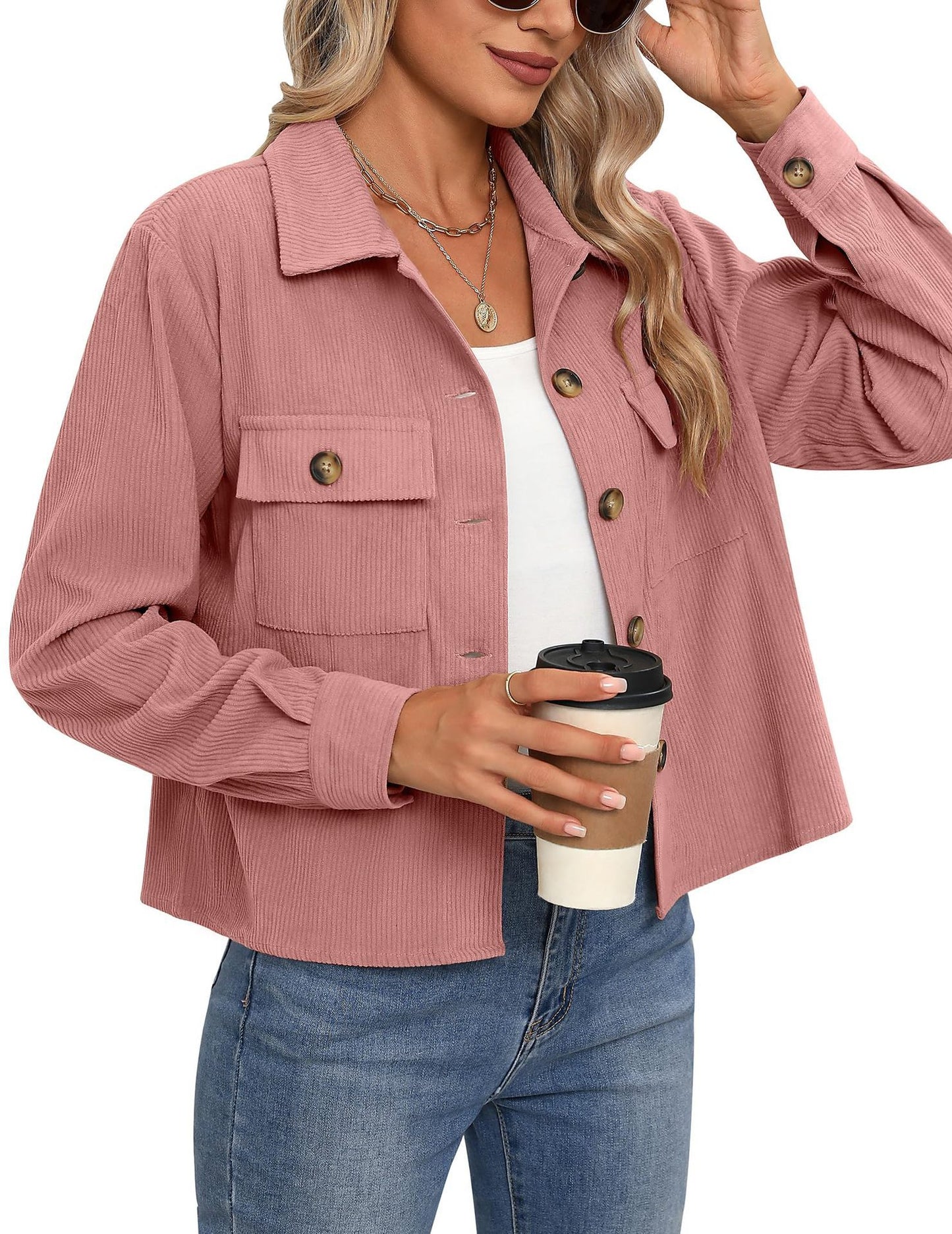 Women’s Corduroy Button Cropped Jacket – Long Sleeve Polyester Coats & Jackets 2025