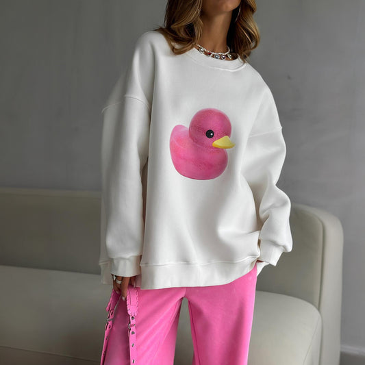 Cute Duck Print Sweater for Women – Loose Cotton Pullover, Cozy Autumn & Winter Outfit