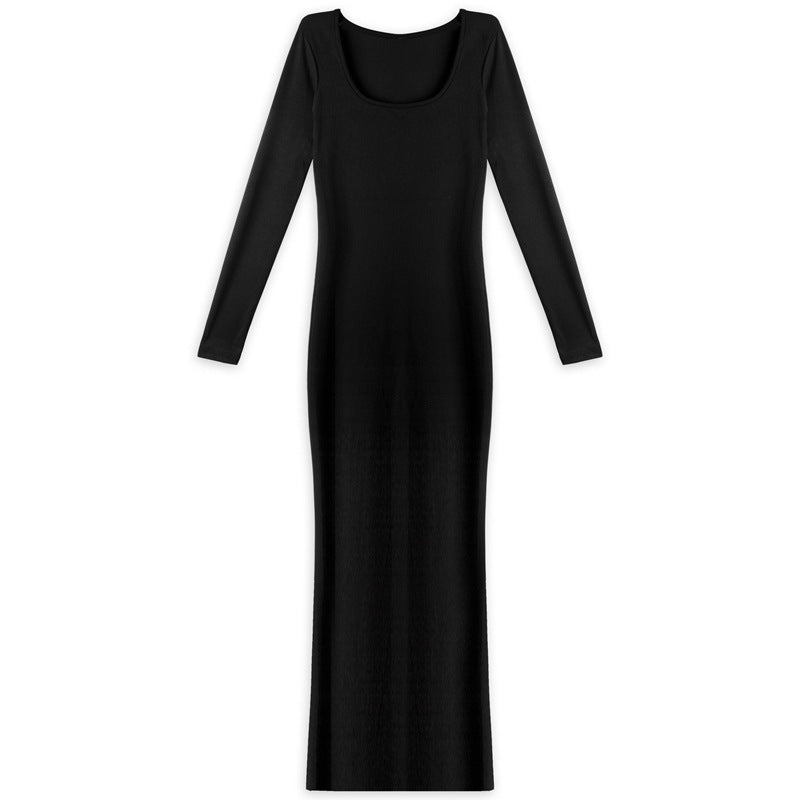 Elegant Long Sleeve Ribbed Mock Neck Solid Dress