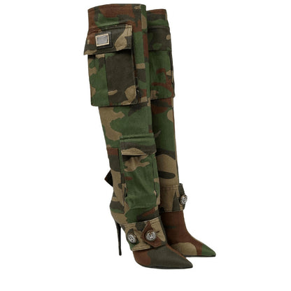 Womens Camouflage Thin High Heel Knee High Boots