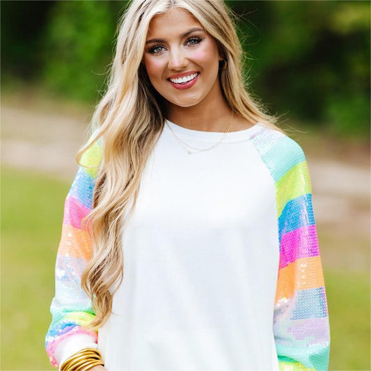 Women’s Casual Pullover Top – Round Neck, Long Sleeves with Sequins, Japanese & Korean Style