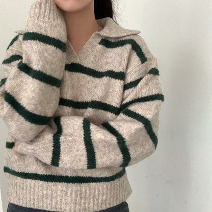 Fall & Winter Lapels Contrast Color Striped Pullover Sweater for Women