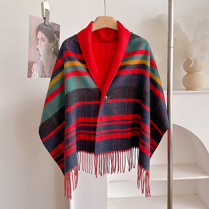Double-Sided Wool Cloak – Tassel Shawl with Color Grid for Winter