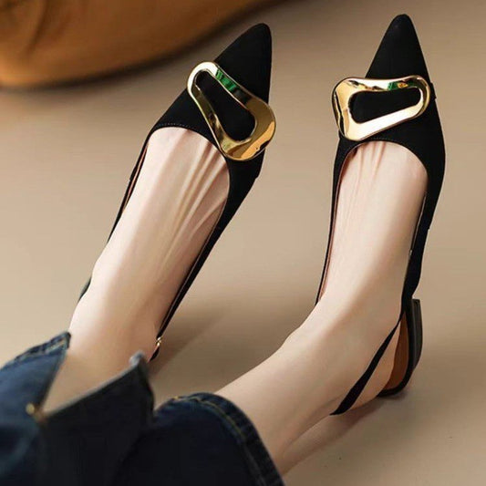 Retro Style Super Low Flat Elegant Metal Buckle On Women Shoes