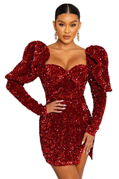 Red sequin dress with puff sleeves on a white background