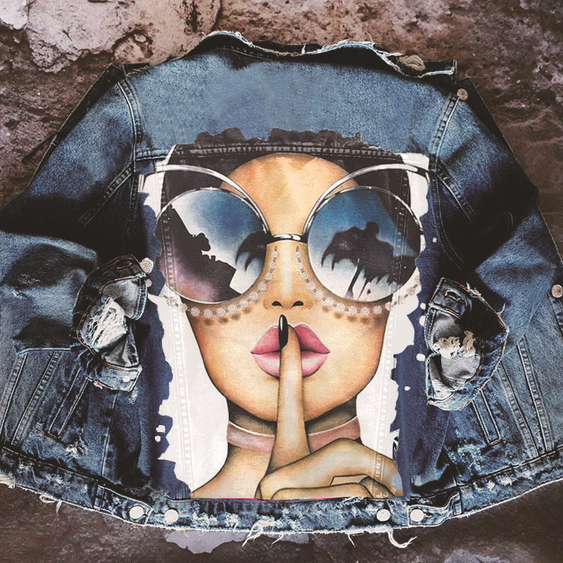 Chic Stylish Women Printed Jean Coat Jacket