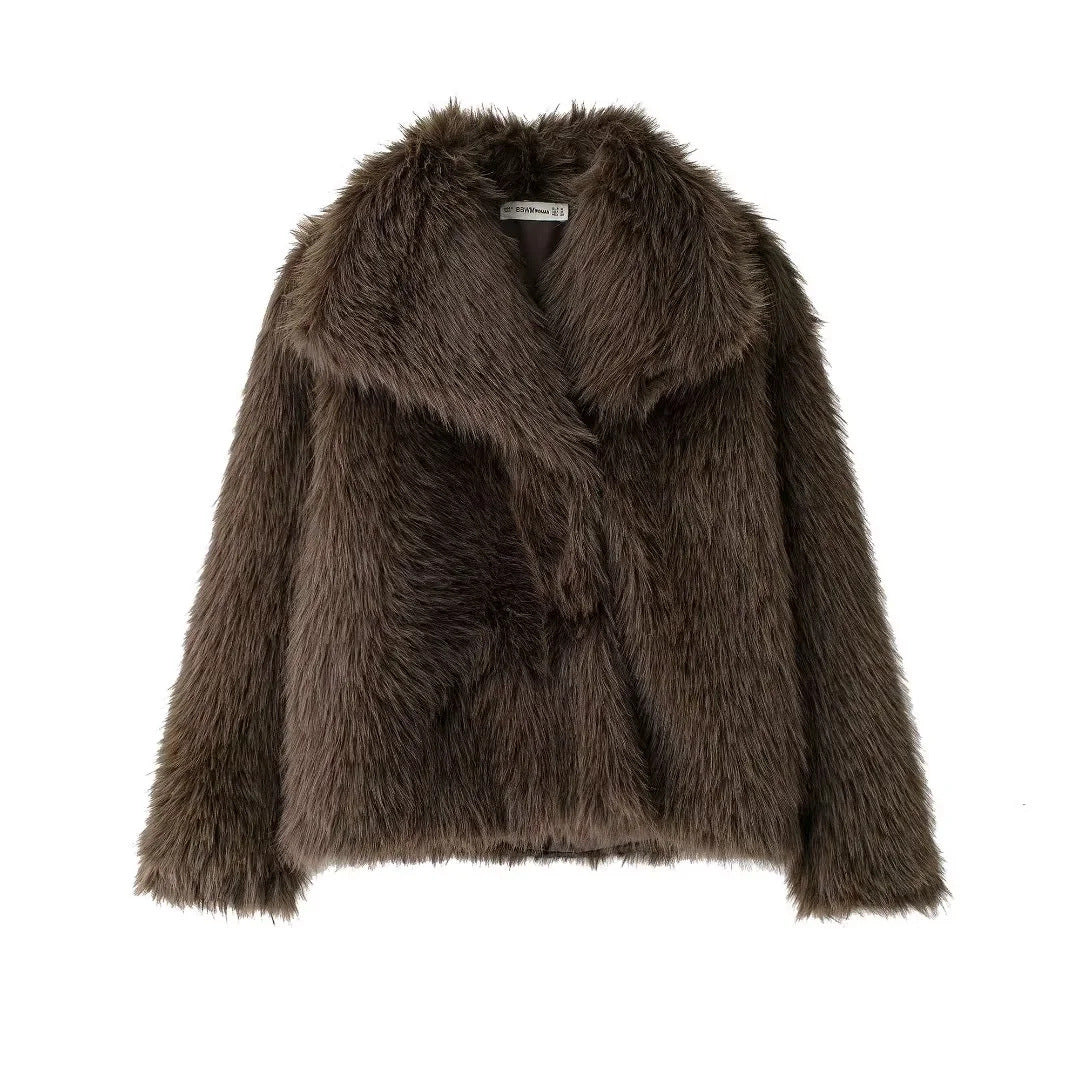 Elegant Women Collarless Thick Faux Fur Coats