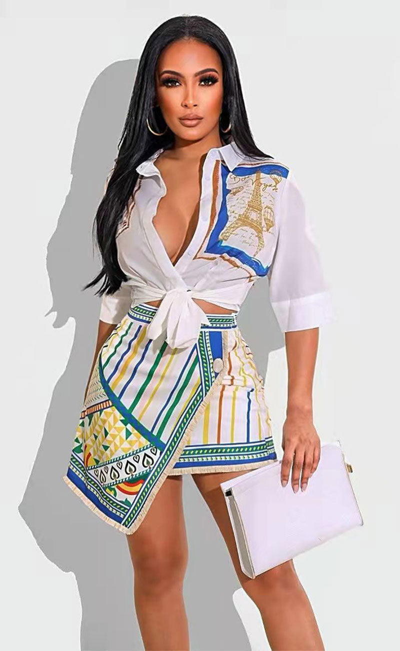 Printed Top & Matching Skirt Two-Piece Outfit Set | Elegant Officewear Style 2025