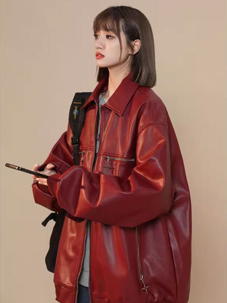 Women Turn Down Collar Gradient Leather Jackets