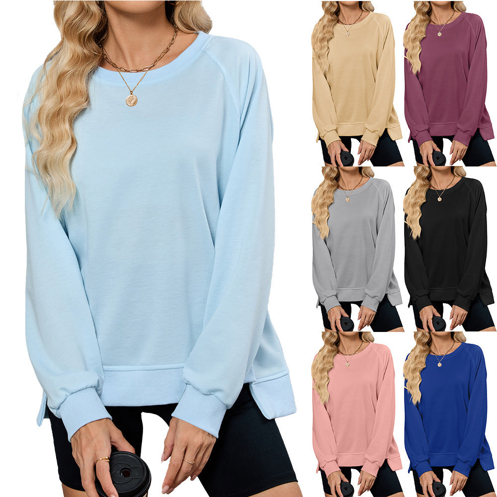 Solid Color Round Neck Sweatshirt – Cozy Loose Fit for Everyday Style