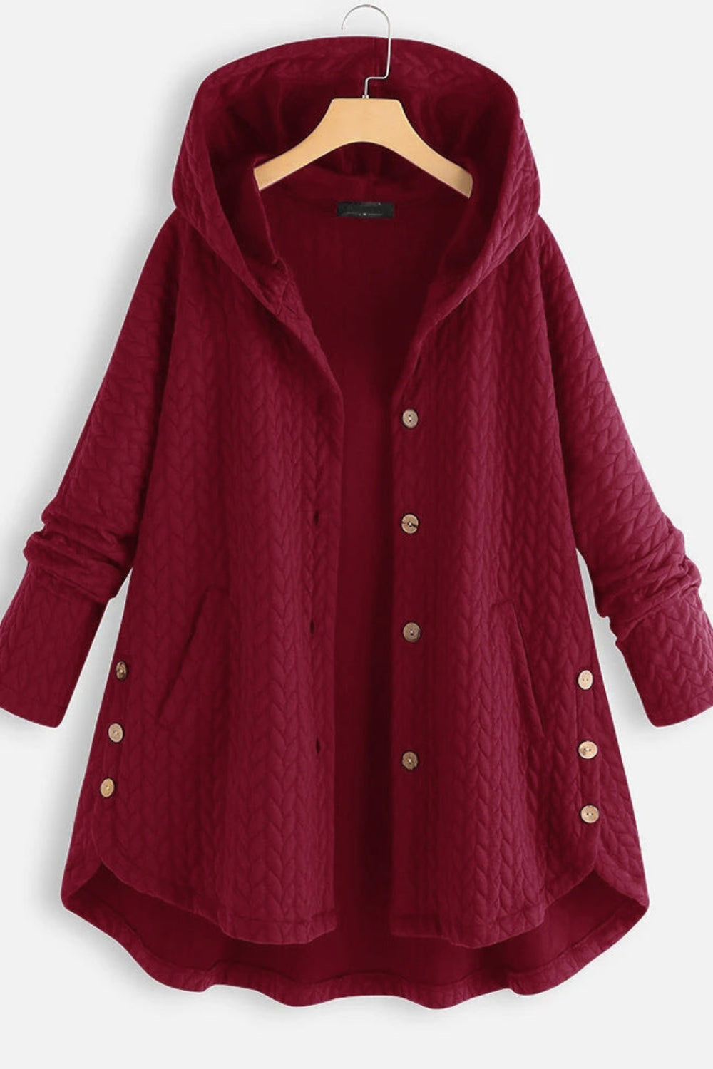 Red hooded coat with buttons on a white background