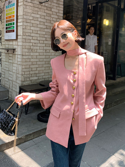 Korean Style Suit Jacket for Women – Pink Belted Blazer | Elegant Commute Coats 2025