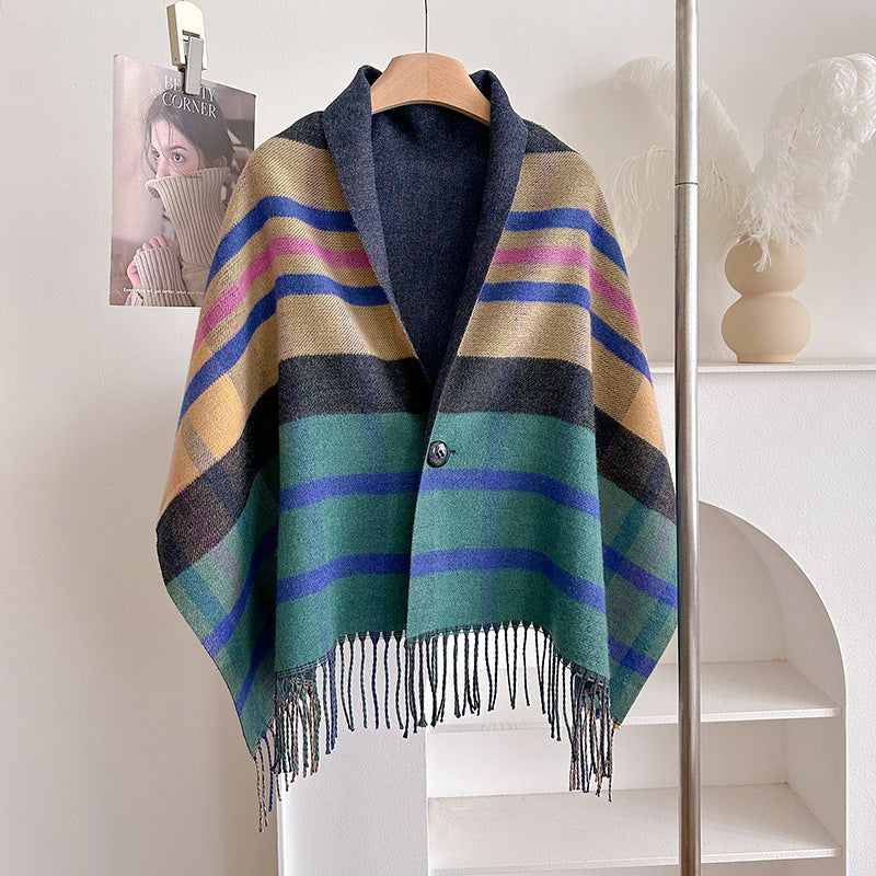 Double-Sided Wool Cloak – Tassel Shawl with Color Grid for Winter