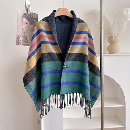 Double-Sided Wool Cloak – Tassel Shawl with Color Grid for Winter