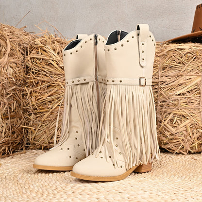 Retro Ethnic Western Cowboy Style Round Toe Block Heel Tassel Boots