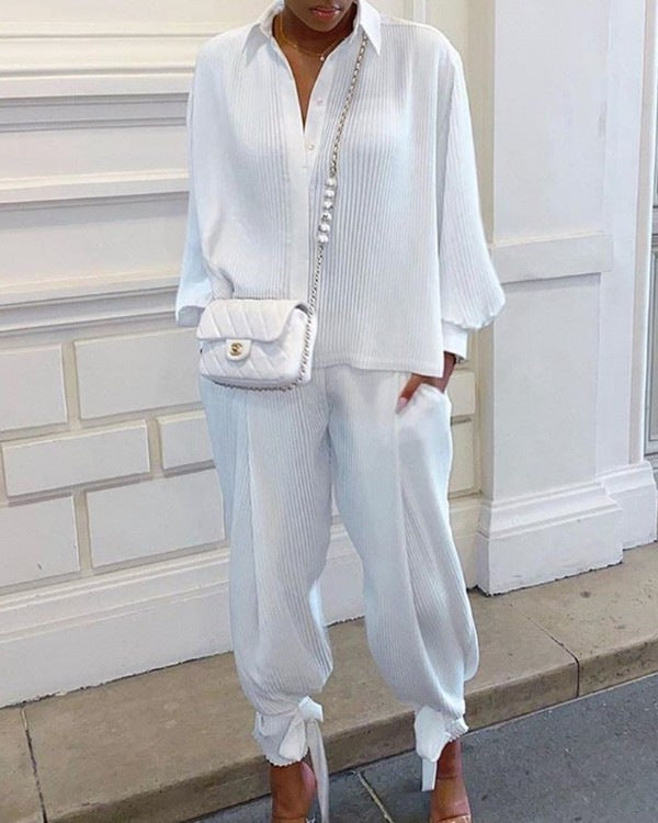 Loose-Fitting Long Sleeve Top & Cropped Pants Two-Piece Outfit Set | Casual Style 2025 Aesthetic