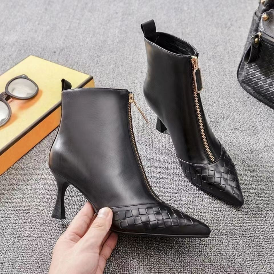 New Brand Quality Leather Chunky High Heels Ankle Boots Front Zipper Square Toe Dress Party Work Shoes